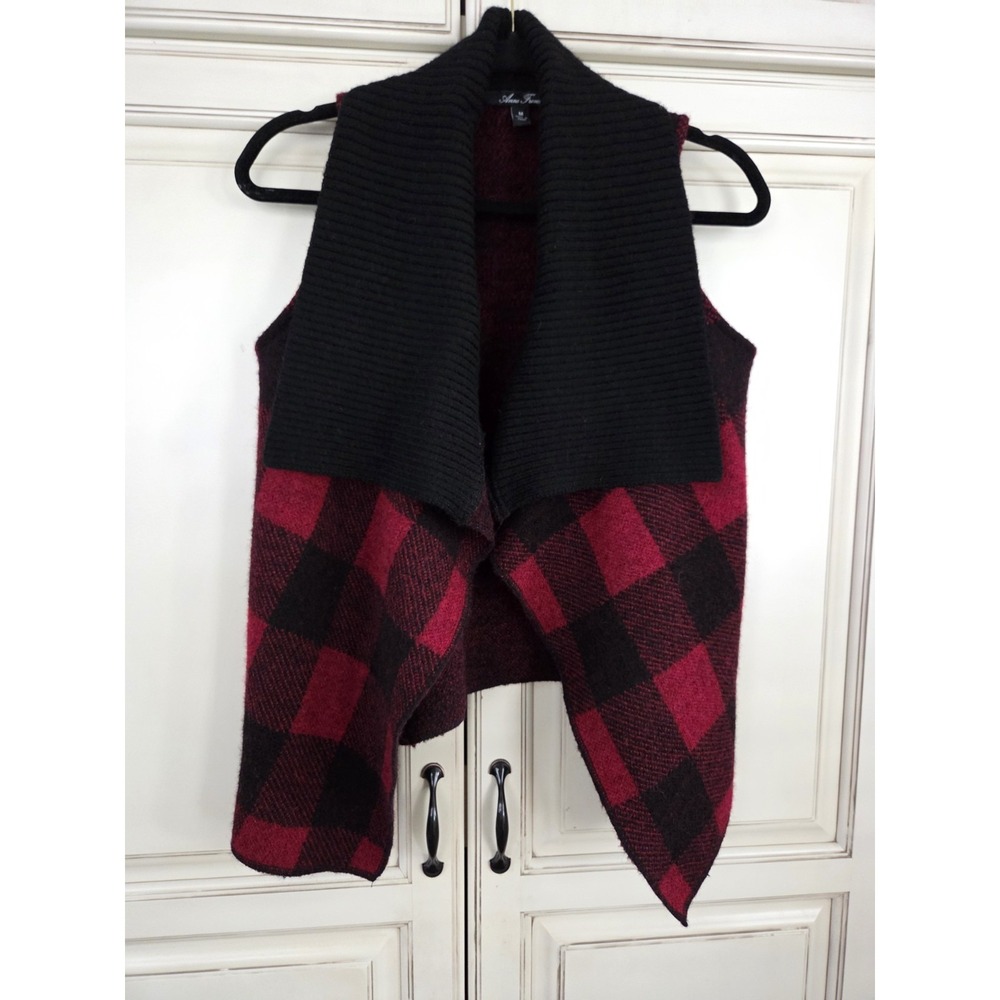 Anne French Buffalo‎ Plaid Wool Vest Women's Lg Open Front & Ribbed Collar Red